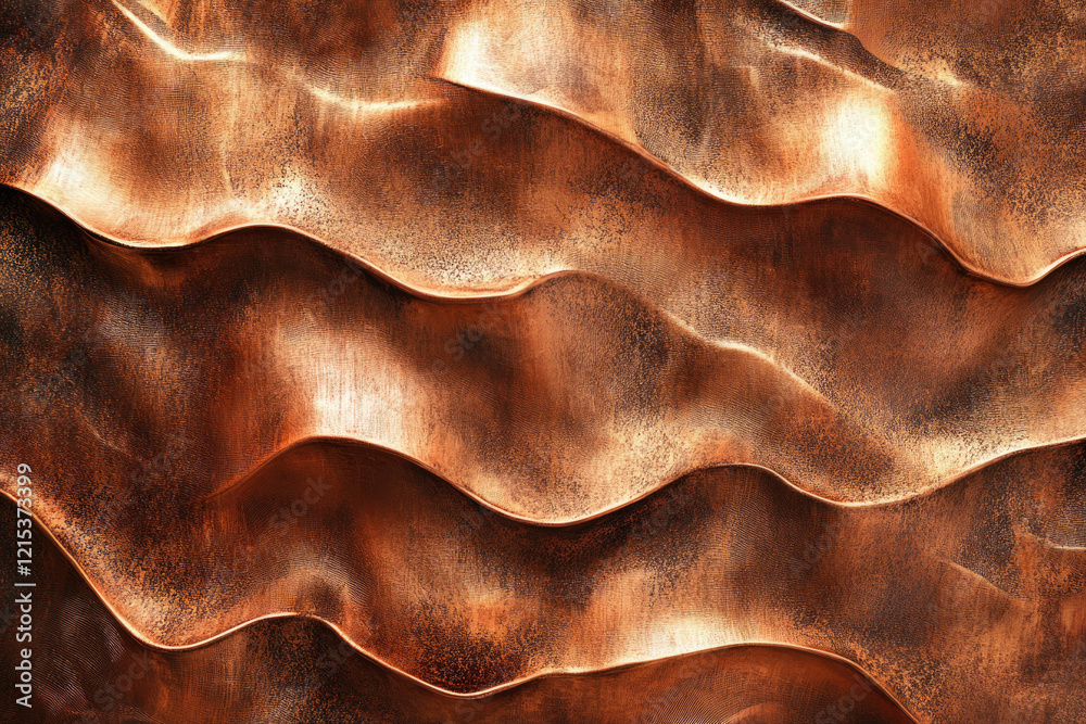 Abstract background of bronze-colored wavy texture with a metallic sheen.