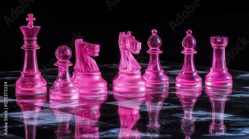 hypermodern chess composition with translucent magenta pieces casting long shadows black marble surface dramatic lighting photo