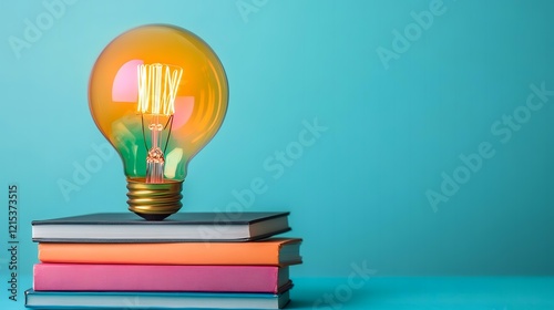 Illuminated idea glowing bulb on books, blue background; education, innovation concept