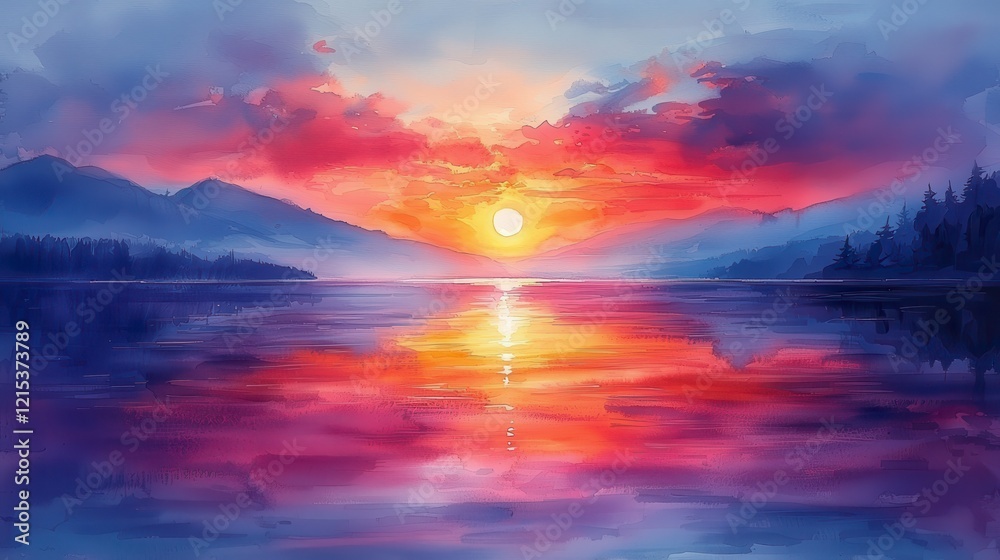 Vibrant sunset over calm lake, reflecting colorful sky and mountains.