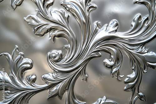 Intricate silver metalwork design featuring swirling floral patterns and acanthus leaves.