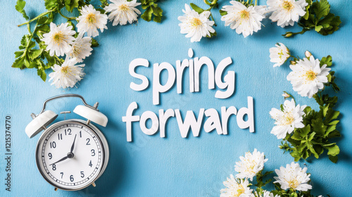 Daylight saving Time, Spring forward, Summer back concept with clock on light background and springtime flowers