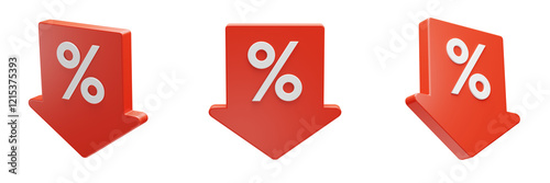 set of red 3d price sale tag arrow icons with percent sign on them