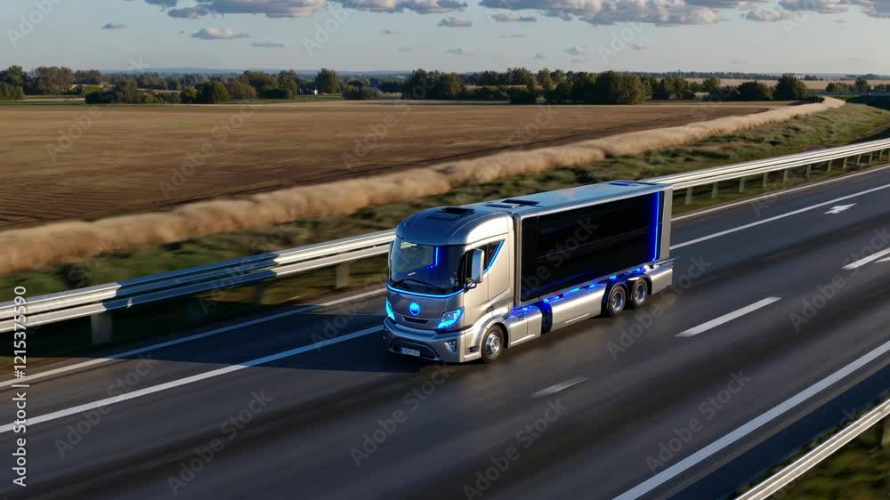 Future electric truck with cargo trailer driving on the highway ...
