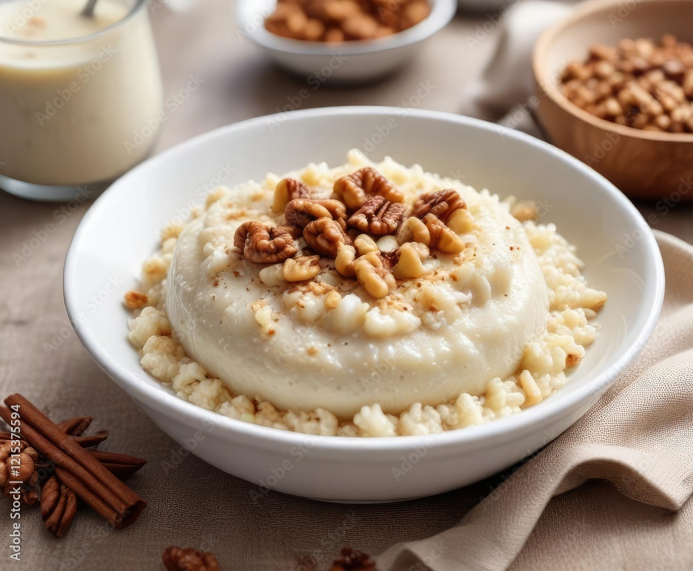 Coconut Rice Pudding with Chopped Walnuts and Cinnamon, comforting bowl, coconut rice, cinnamon spice Coconut Rice Pudding with Chopped Walnuts and Cinnamon, comforting bowl, coconut rice, cinnamon spice