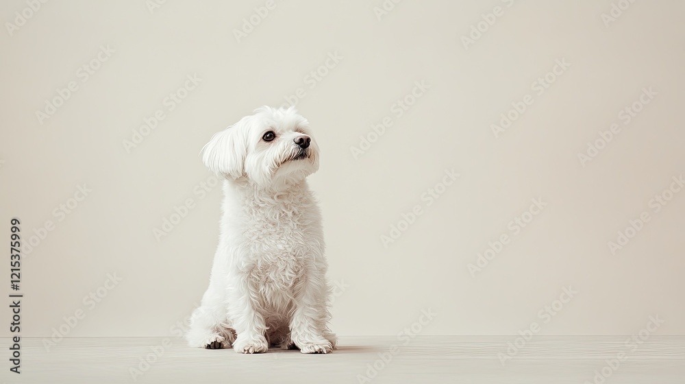 A fluffy white dog sits contentedly against a plain backdrop A fluffy white dog sits contentedly against a plain backdrop