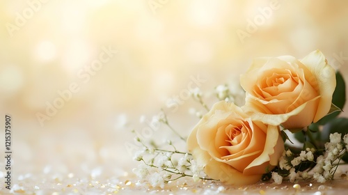 Two peach roses and baby's breath on gold glitter, romantic wedding invitation background