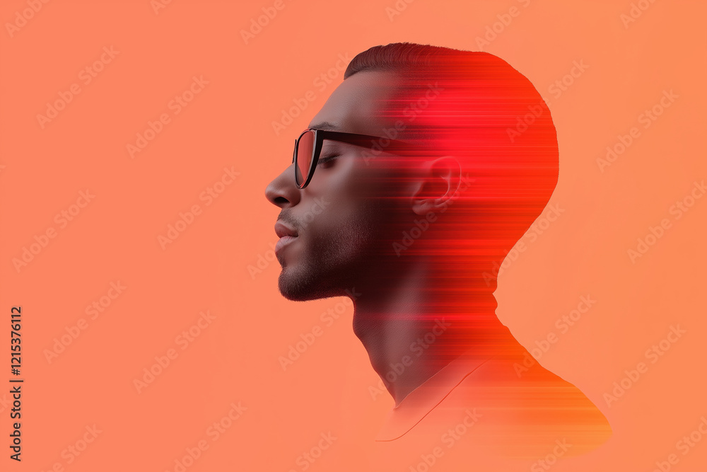 Silhouette of a man in glasses with vibrant orange background and dynamic lines Silhouette of a man in glasses with vibrant orange background and dynamic lines