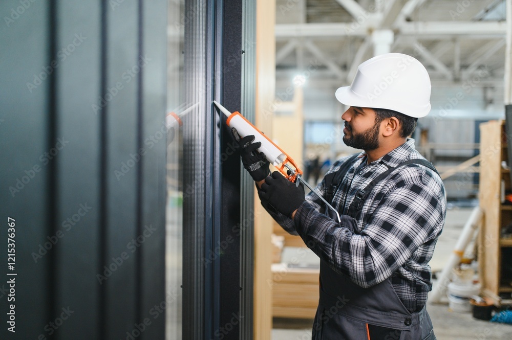 Indian worker is applying polyurethane foam to fill gap between sash and window frame in prefabricated modular house Indian worker is applying polyurethane foam to fill gap between sash and window frame in prefabricated modular house