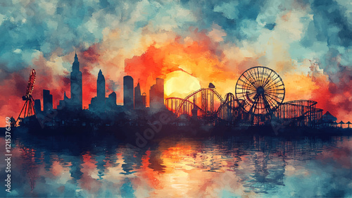 Kirmes Jahrmarkt Aquarell Vergnügunspark