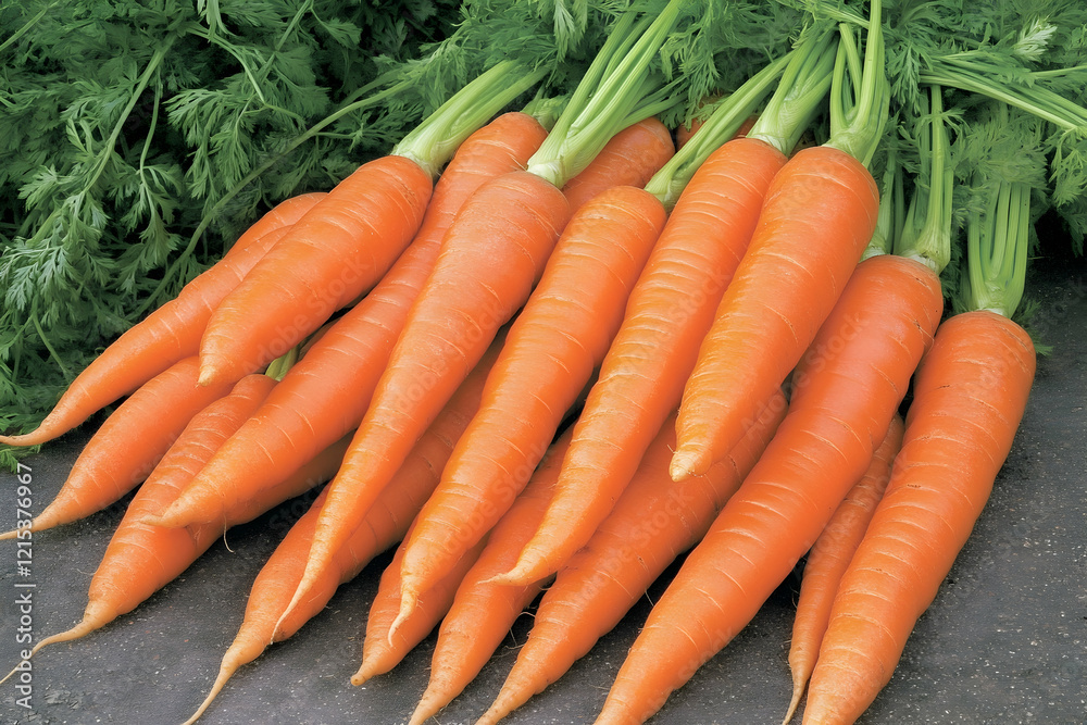 Pile of organic carrots with green tops at a fresh vegetable open-air market Pile of organic carrots with green tops at a fresh vegetable open-air market