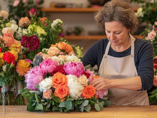 Female florist in a light floral apron arranging a bouquet of peonies and roses on a wooden table, surrounded by vibrant flowers in the shop photo