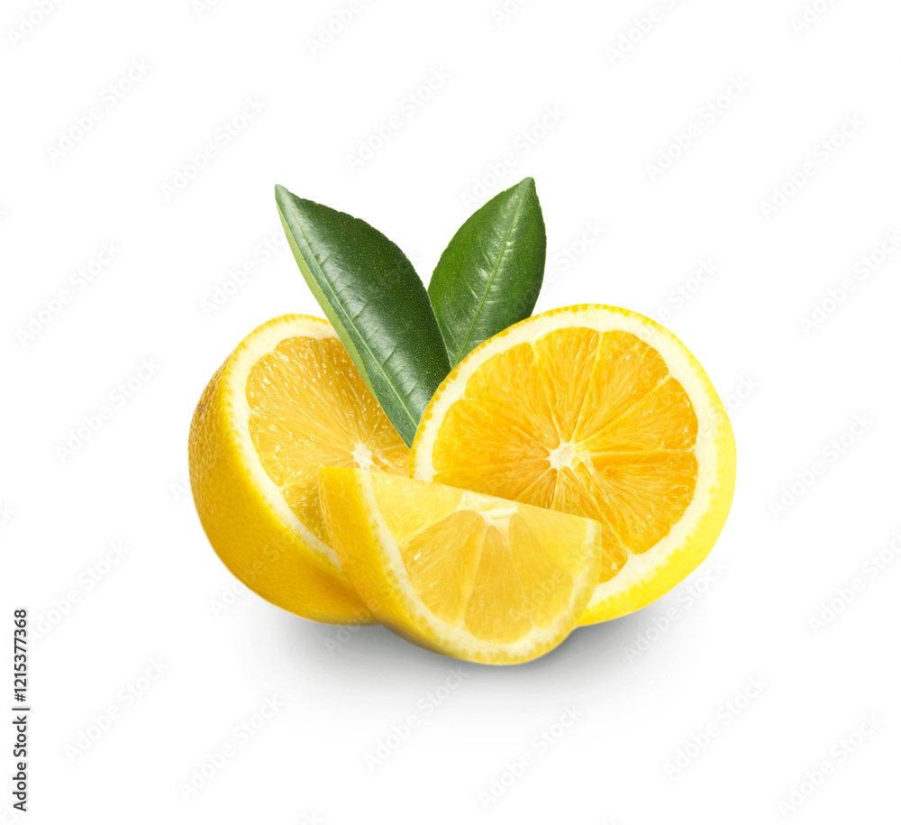 Lemon slices composition isolated on white. Yellow citrus pieces decorated with leaves.