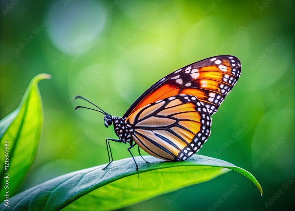 Monarch Butterfly on Green Leaf - Black, Orange, White Wings, Nature Stock Photo Monarch Butterfly on Green Leaf - Black, Orange, White Wings, Nature Stock Photo