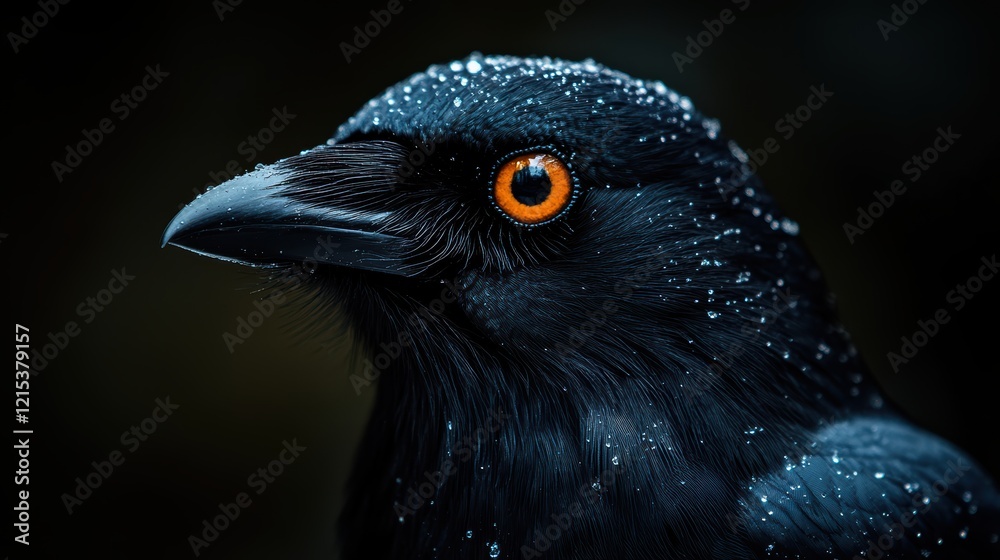 Fototapeta premium Close up portrait of a black crow with red eyes. The crow's beak is sharp and pointed