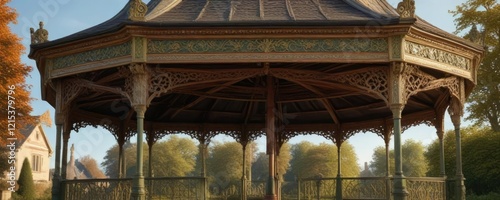 Detailed view of a traditional British bandstand with intricate carvings and gabled roof, bandstand, carvings, gabled roof