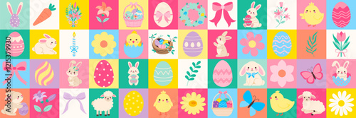A colorful collage of Easter-themed images, including rabbits, eggs, flowers, and butterflies