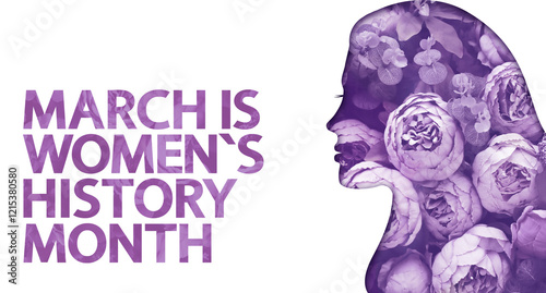 March is Women's History Month greeting card. Beautiful background with lilac peonies and a female silhouette	