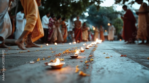 Rows of flickering clay lamps line a pathway adorned with flower petals, creating a festive and spiritual ambiance during a traditional cultural celebration. photo