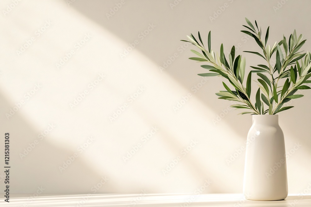 Olive branches in vase, sunlight, minimal interior, calm scene, home decor Olive branches in vase, sunlight, minimal interior, calm scene, home decor