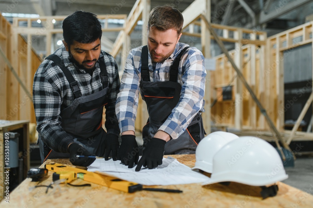 Two architects study the construction plan of modern modular houses Two architects study the construction plan of modern modular houses