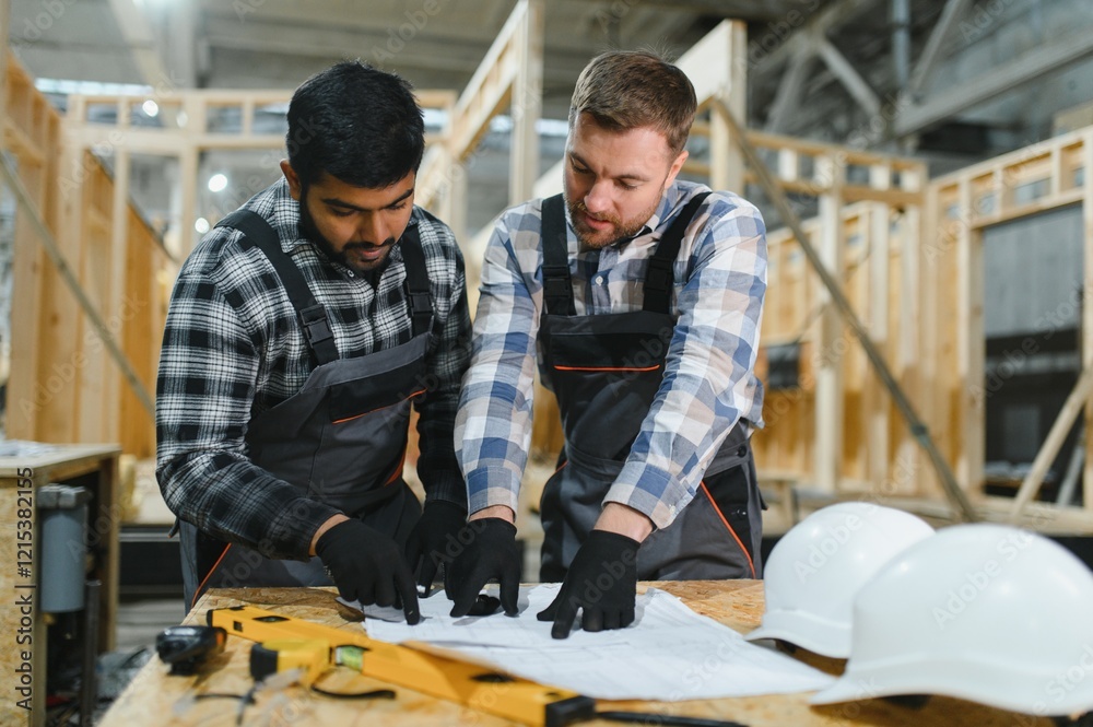 Two architects are studying documentation or blueprints. Construction of a modular house Two architects are studying documentation or blueprints. Construction of a modular house