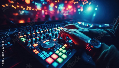 DJ mixing console, colorful bokeh lights, nightclub atmosphere, close-up of hands, audio equipment, electronic music, vibrant colors, neon glow, musical performance, party ambiance, professional audio