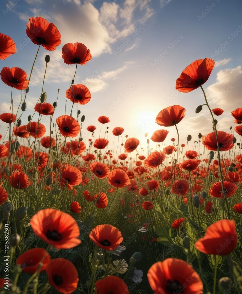 Obraz premium Field of tall red poppies stretching towards the sky as warm sunlight casts a gentle glow on their petals , golden hour, sunset