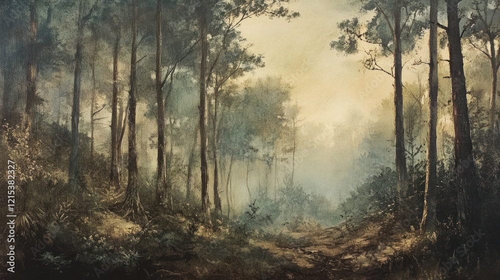 Obraz premium Misty Forest Path: A Serene Dawn in the Woods