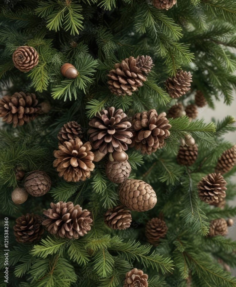 Fir Christmas tree with a naturalistic theme and pinecones, acorns, and twigs, twigs, pinecones, evergreen Fir Christmas tree with a naturalistic theme and pinecones, acorns, and twigs, twigs, pinecones, evergreen