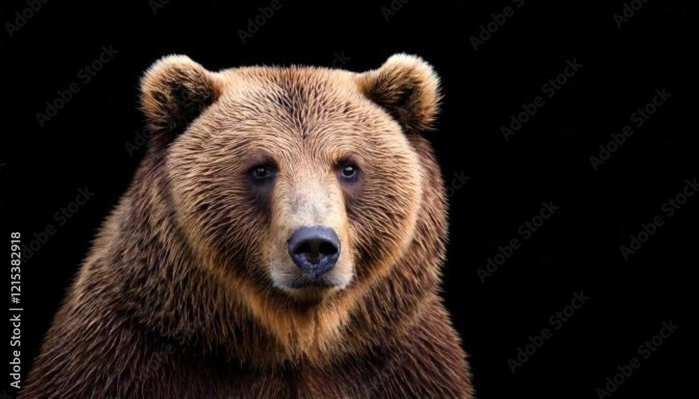Front View of Brown Bear Isolated on Black Background: Portrait of Kamchatka Bear (Ursus arctos beringianus) Front View of Brown Bear Isolated on Black Background: Portrait of Kamchatka Bear (Ursus arctos beringianus)
