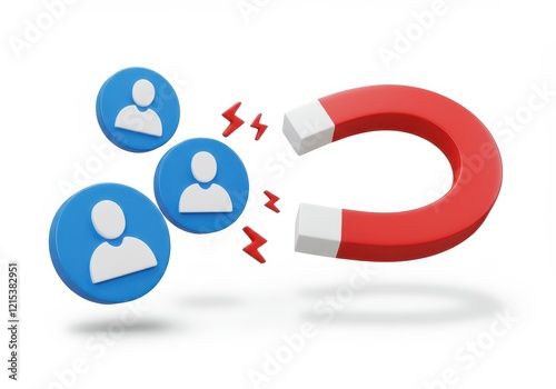 A 3D illustration of a red horseshoe magnet with white tips attracting three circular blue user icons isolated on white background