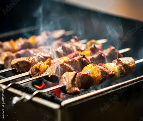 Wallpaper Mural skewers grilling kebabs cooking , BBQ Delights Grill Full of Meat, Traditional Greek Souvlaki barbecue with onions and vegetables, visible smoke ,rich texture and flavors of perfectly grilled meat Torontodigital.ca