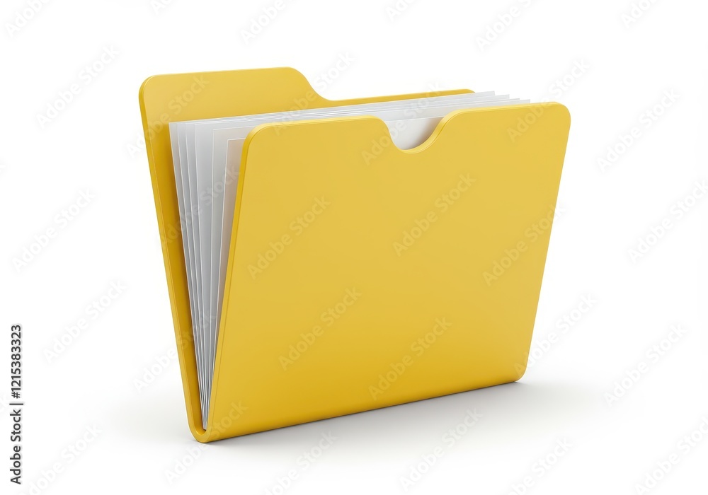 A 3D illustration of a yellow folder with white paper sheets visible inside isolated on white background A 3D illustration of a yellow folder with white paper sheets visible inside isolated on white background
