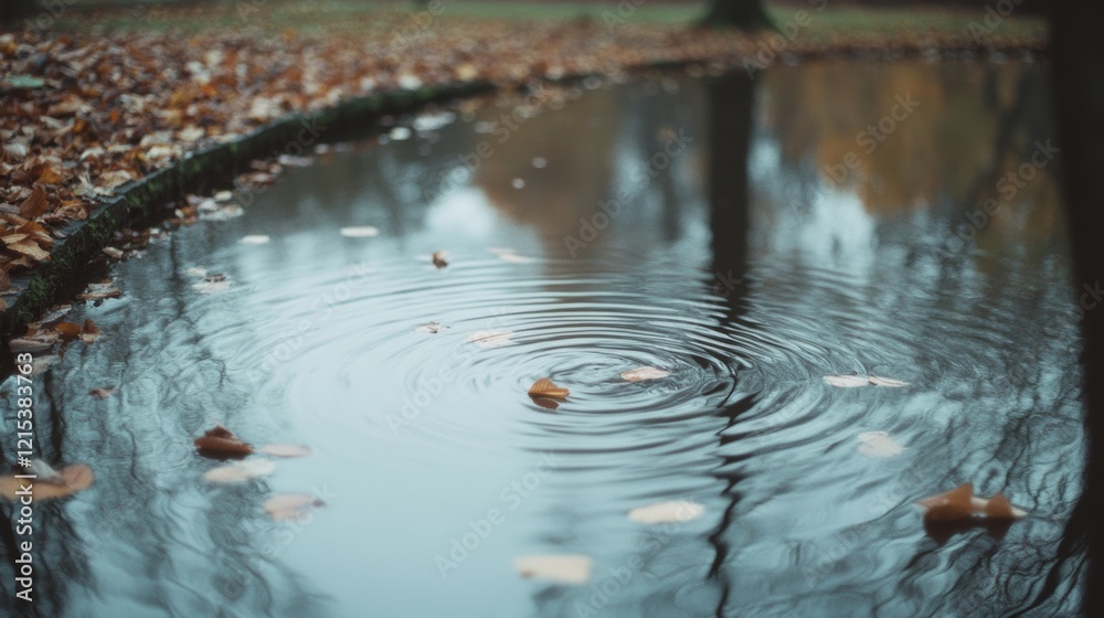 Ripples form around fallen leaves on a tranquil pond, reflecting bare trees above and capturing the peaceful essence of autumn. Ripples form around fallen leaves on a tranquil pond, reflecting bare trees above and capturing the peaceful essence of autumn.