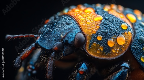 Close-up of a vibrant blue and orange beetle covered in water droplets against a black background. photo