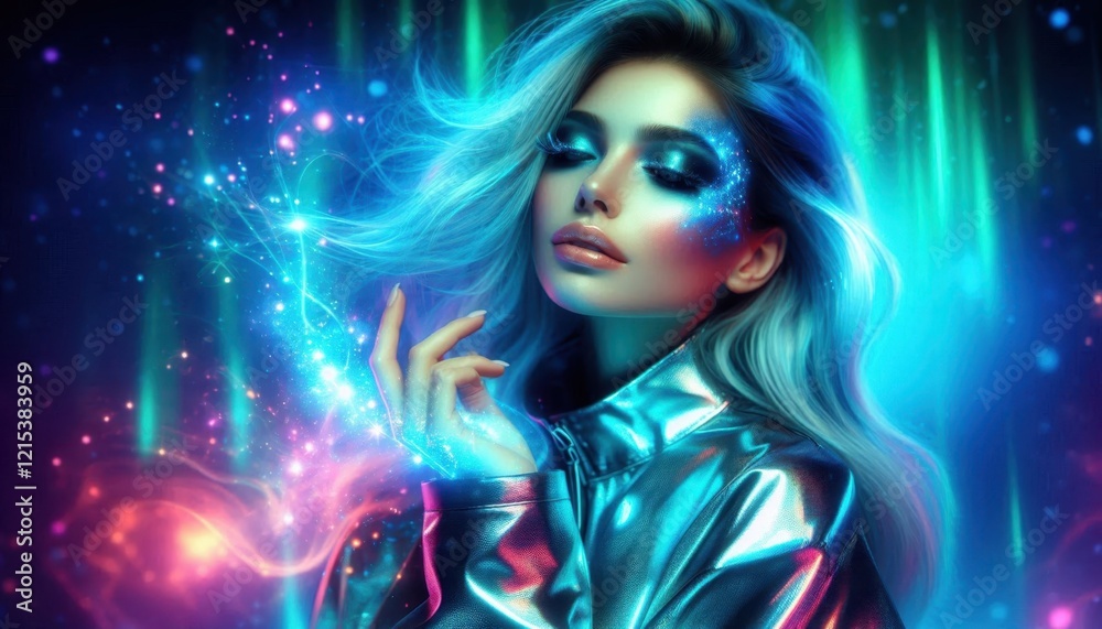 Futuristic portrait, ethereal woman, vibrant blue hair, silver metallic top, colorful starry background, glowing particles, neon lighting, cyberpunk aesthetic, dreamy atmosphere, fantasy digital art, 