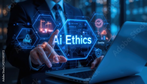 AI ethics or AI law concept. Businessman with ai ethics icon on virtual screen for compliance, regulation, standard , business policy and responsibility. photo