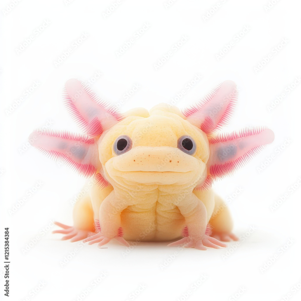 Pale axolotl with pink gills, front view. Pale axolotl with pink gills, front view.