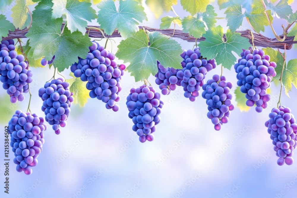 Stunning dusk at a vineyard showcasing deep plum grape clusters hanging from lush vines in a rustic and romantic setting