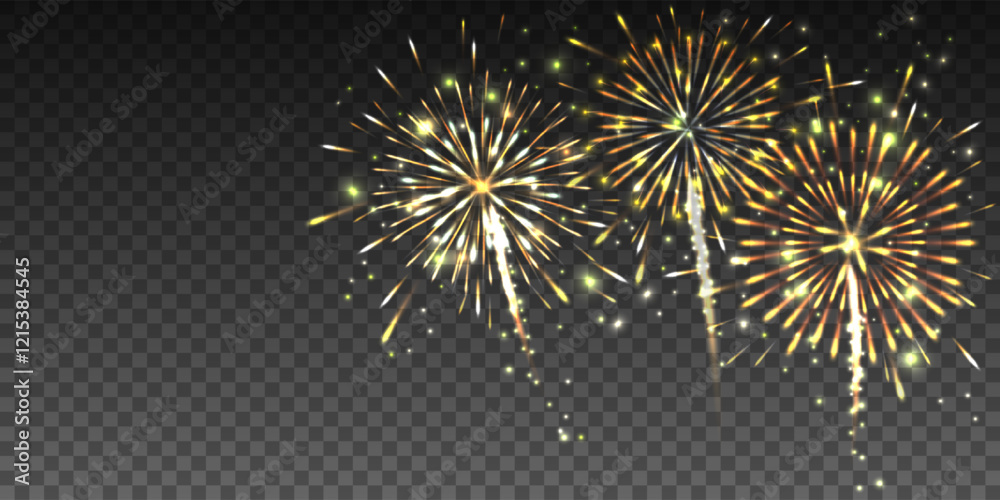 Fireworks in the sky on transparent background, Christmas background for holiday design, vector illustration