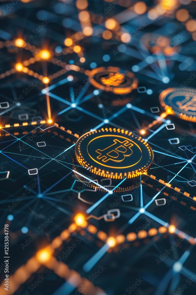 Bitcoin cryptocurrency coin standing on circuit board showing nodes glowing in the dark Bitcoin cryptocurrency coin standing on circuit board showing nodes glowing in the dark