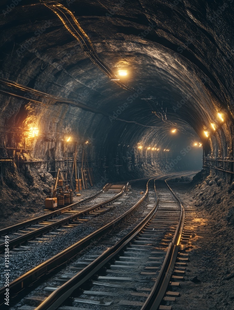 Fototapeta premium Photorealistic 4K Underground Wide Tunnel Railway - Dark, mysterious, deep underground railway tunnel, lit by artificial lights, showcasing infrastructure and industrial construction. Symbolizes journ