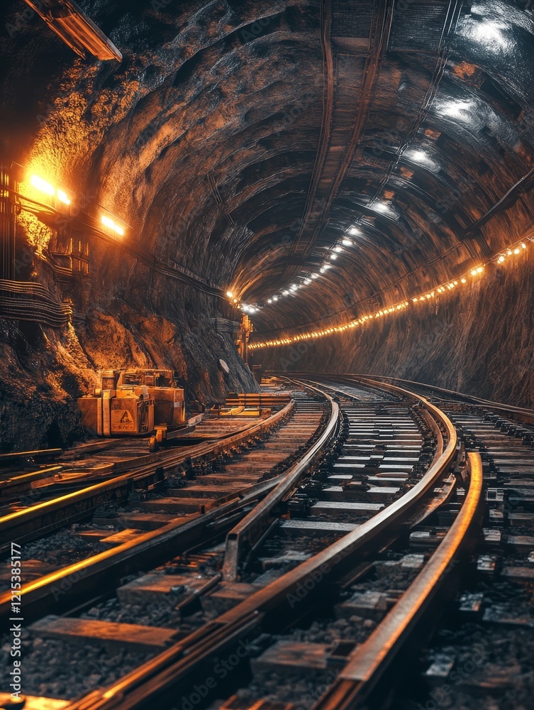 Fototapeta premium Photorealistic 4K Underground Rail Tunnel - A photorealistic 4k image depicts a wide underground railway tunnel, showcasing the intricate track system, rocky walls, and ambient lighting. It symbolize