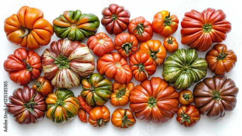Unique assortment of colorful misshapen fruits and vegetables on a clean white backdrop
