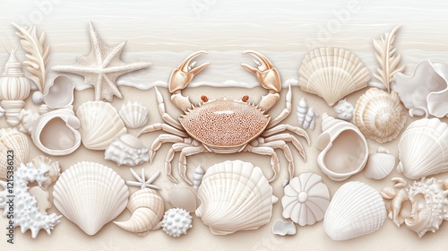 Crab and seashells on sandy beach coastal marine life arrangement with starfish, shells, and coral for nautical design and ocean-themed projects photo