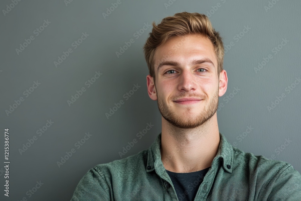 Confident Young Man Smiling Against a Neutral Background in Casual Attire Confident Young Man Smiling Against a Neutral Background in Casual Attire