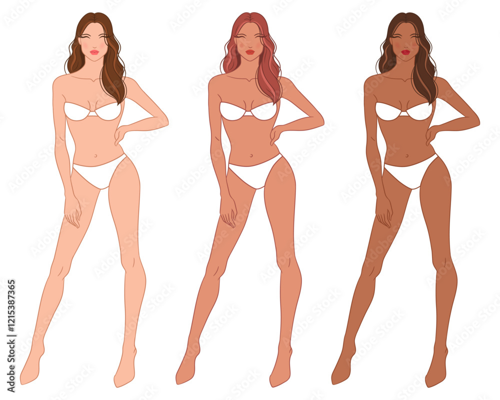 Eight-head fashion figure template. The female fashion croquis. Vector illustration of a young woman wearing lingerie, isolated on a white background. Eight-head fashion figure template. The female fashion croquis. Vector illustration of a young woman wearing lingerie, isolated on a white background.
