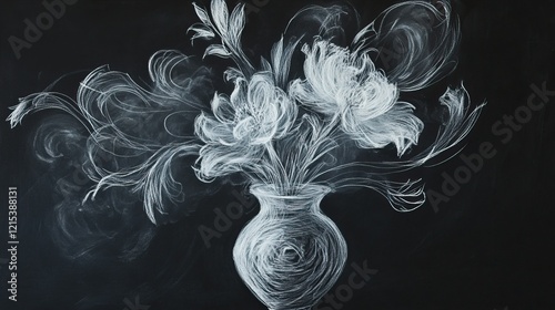 A flower vase drawn with white chalk on a black background, with delicate curves and lines.