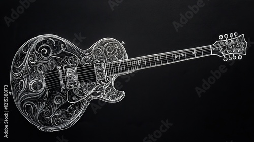 A guitar illustrated with white chalk on a black background, capturing intricate details.